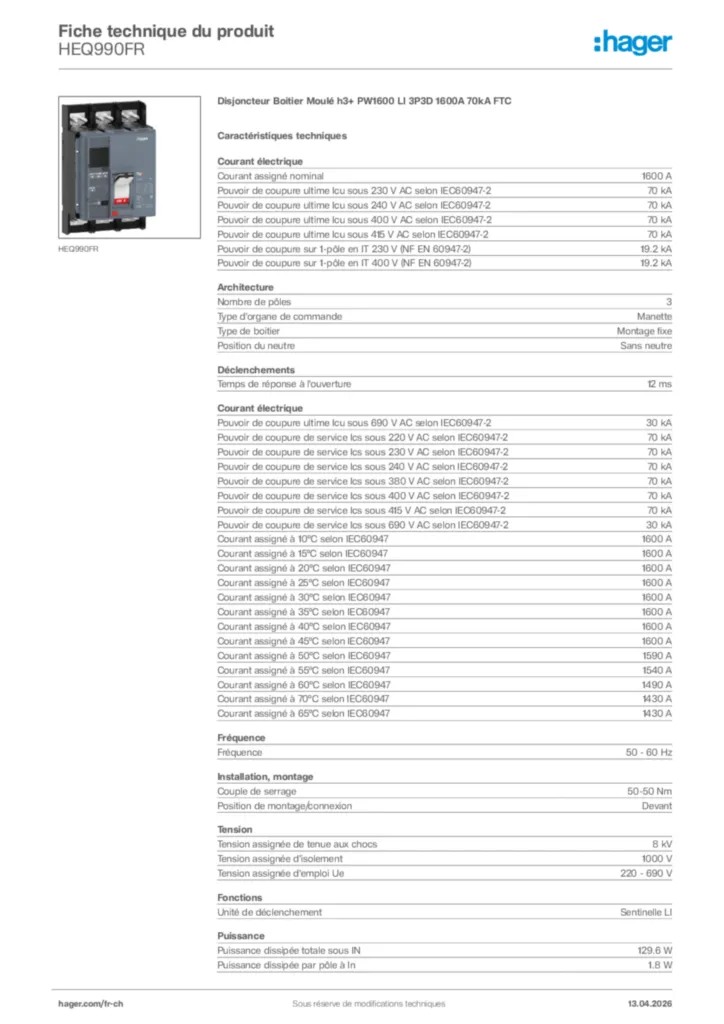 Image Hager Fiche technique du produit HEQ990FR | Hager Suisse