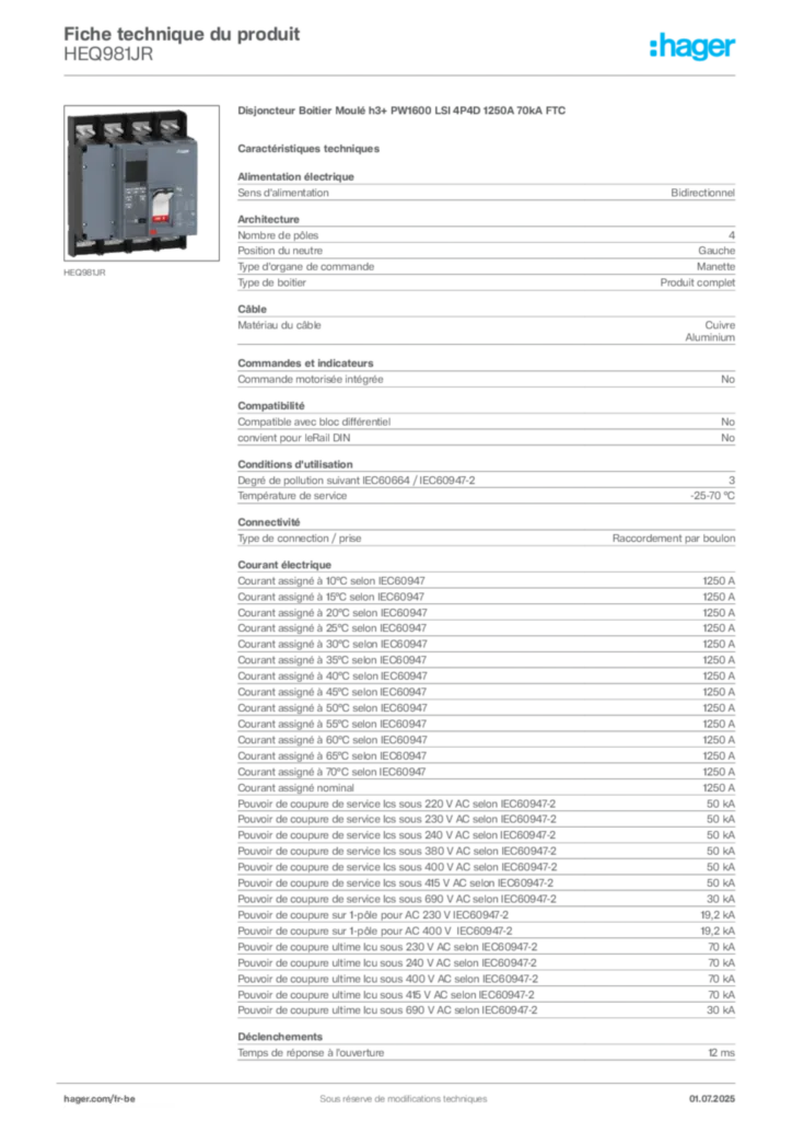 Image Hager Fiche technique du produit HEQ981JR | Hager Belgique