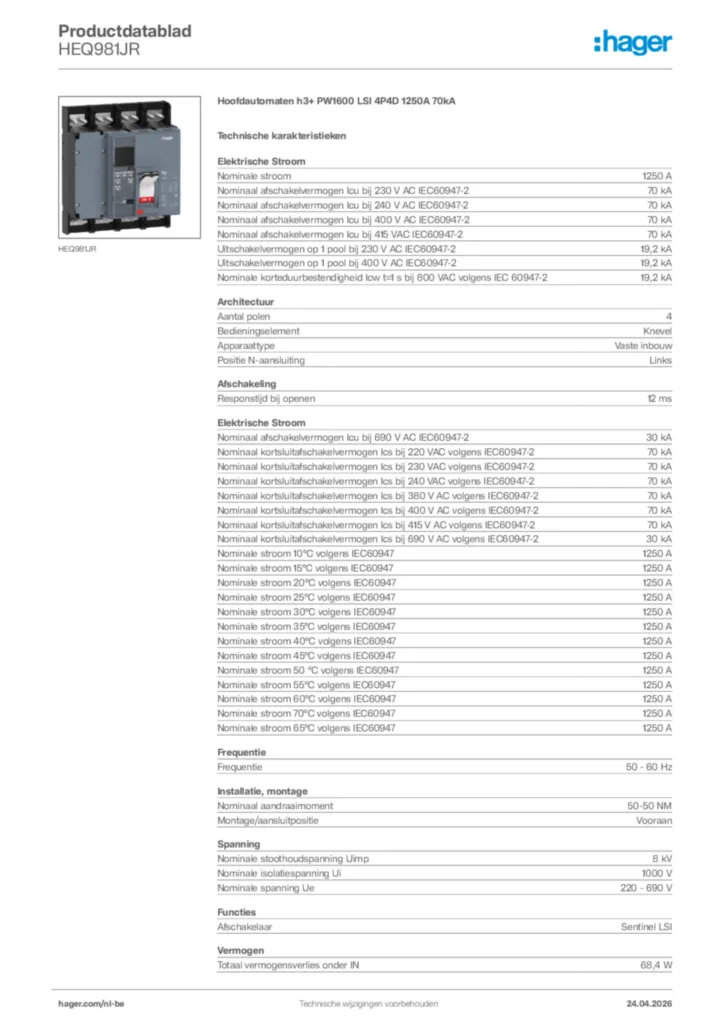 Afbeelding Hager Productdatablad HEQ981JR | Hager Belgium