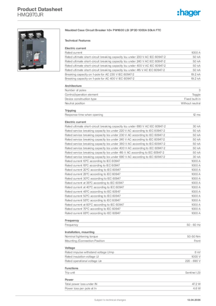 Image Hager Product data sheet HMQ970JR  | Hager Africa