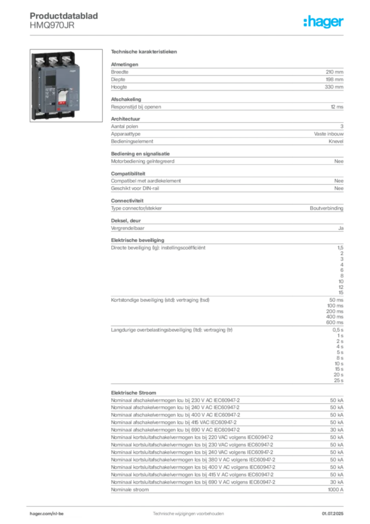 Afbeelding Hager Productdatablad HMQ970JR | Hager Belgium
