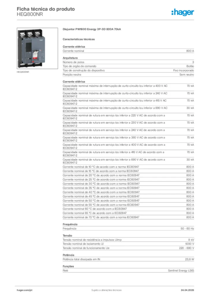 Imagem Hager Ficha técnica do produto HEQ800NR | Hager Portugal