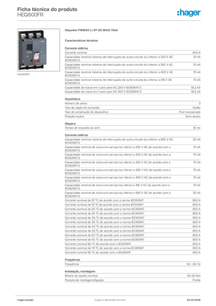 Imagem Hager Ficha técnica do produto HEQ800FR | Hager Portugal