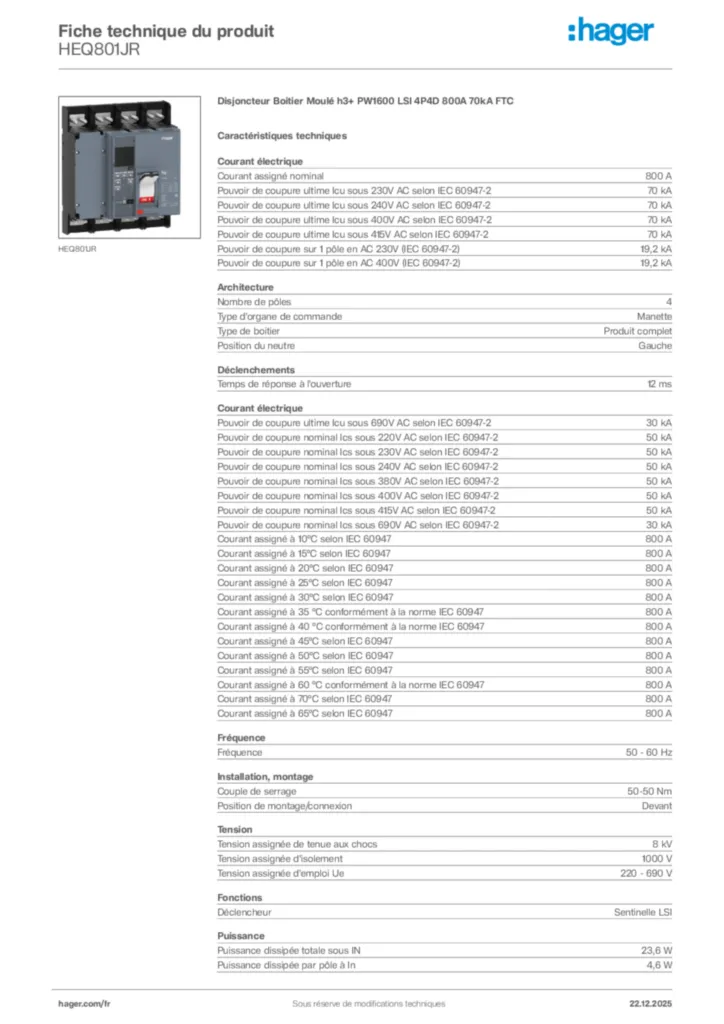 Image Hager Fiche technique du produit HEQ801JR | Hager France