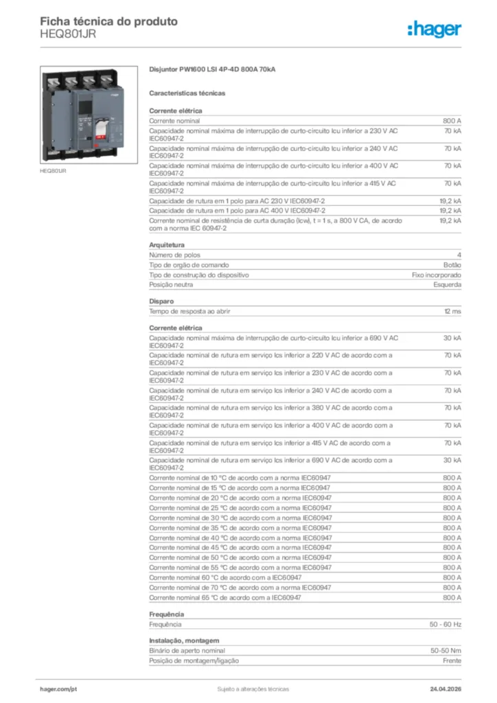 Imagem Hager Ficha técnica do produto HEQ801JR | Hager Portugal