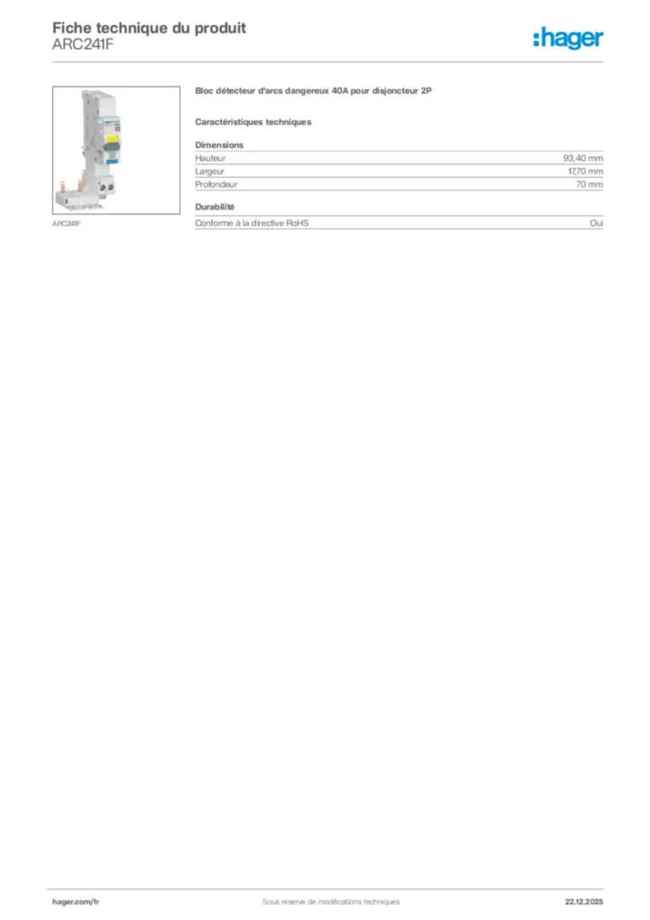 Image Hager Fiche technique du produit ARC241F | Hager France