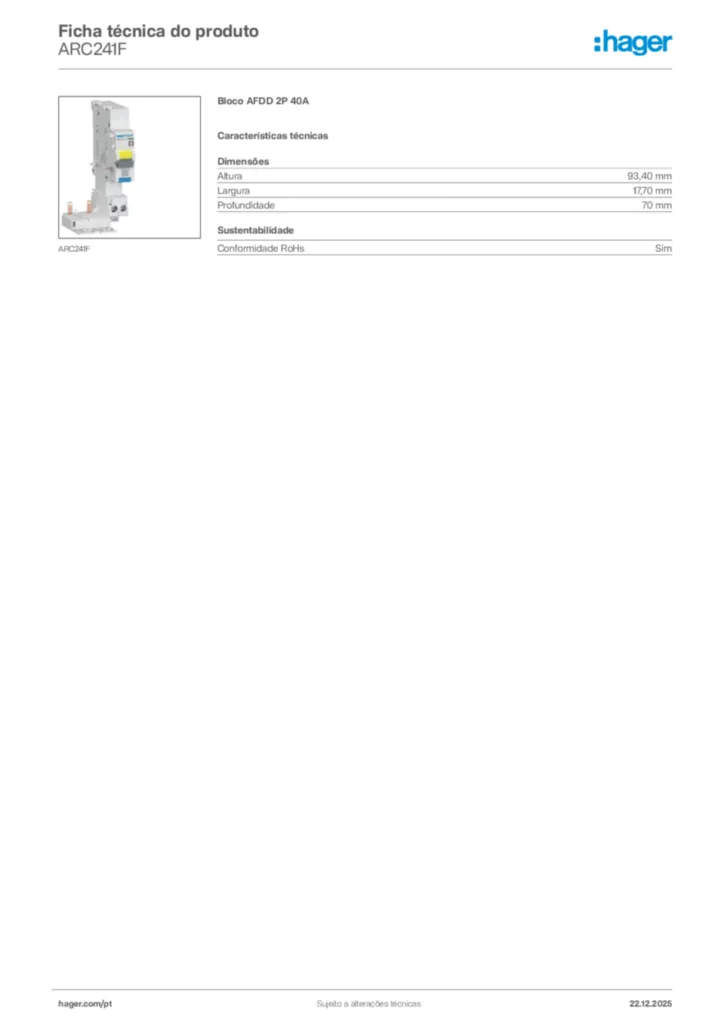 Imagem Hager Ficha técnica do produto ARC241F | Hager Portugal