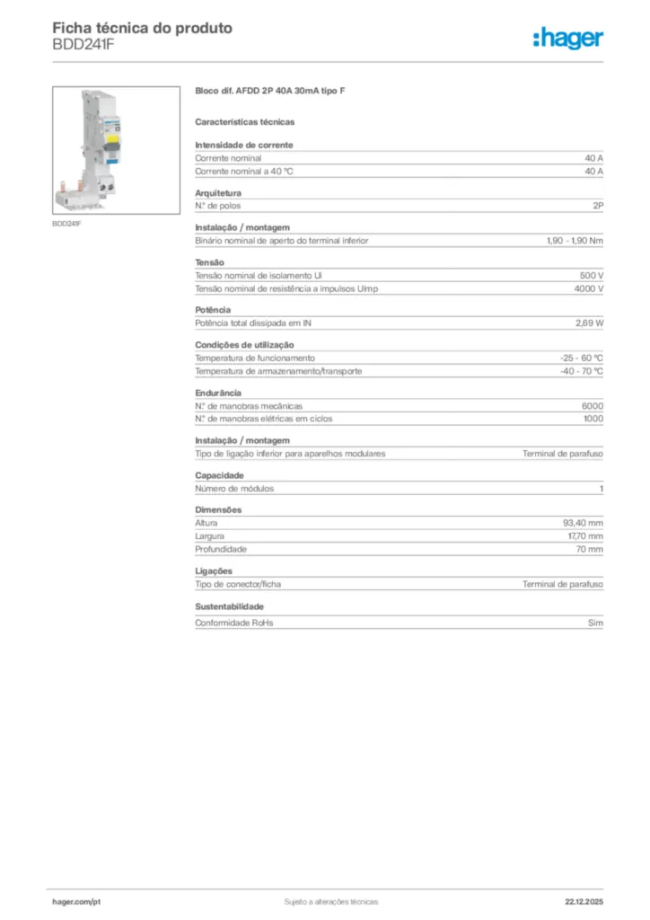 Imagem Hager Ficha técnica do produto BDD241F | Hager Portugal