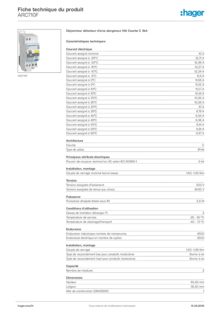 Image Hager Fiche technique du produit ARC710F | Hager France