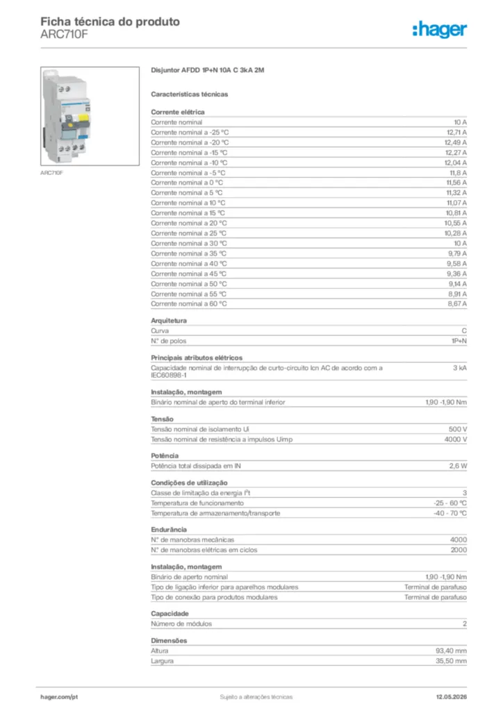 Imagem Hager Ficha técnica do produto ARC710F | Hager Portugal