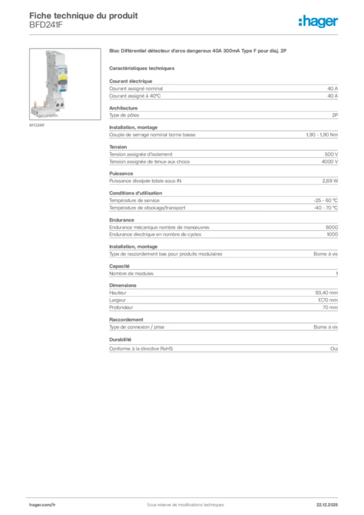 Image Hager Fiche technique du produit BFD241F | Hager France