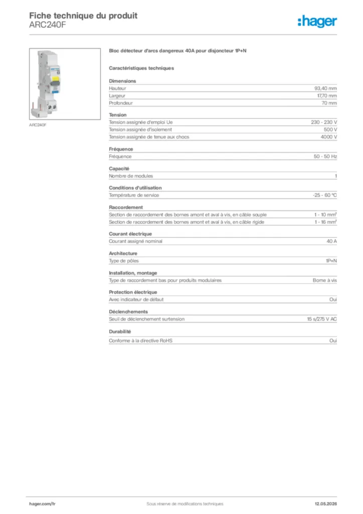 Image Hager Fiche technique du produit ARC240F | Hager France