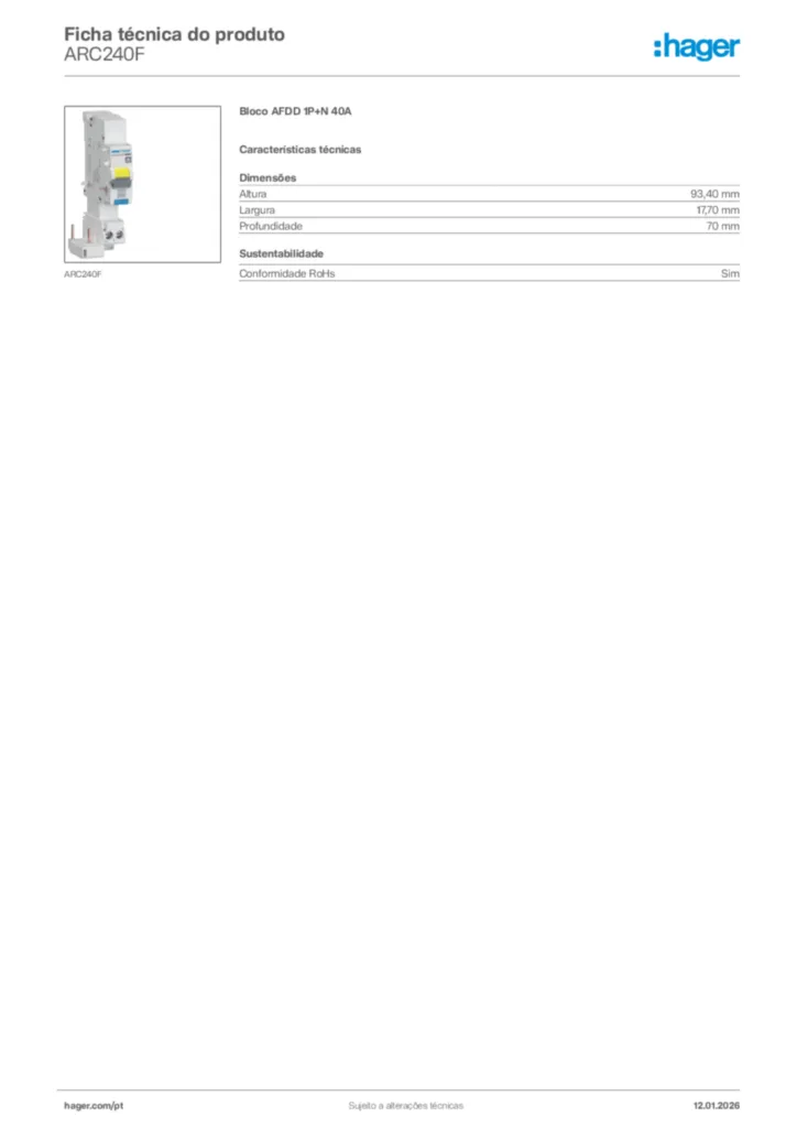 Imagem Hager Ficha técnica do produto ARC240F | Hager Portugal