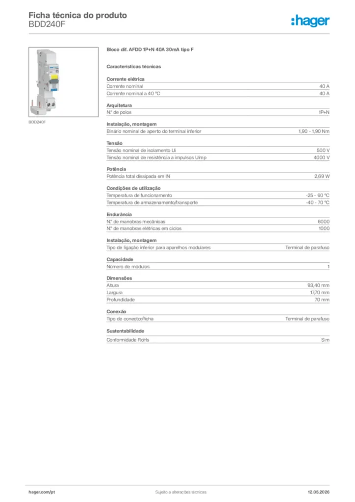 Imagem Hager Ficha técnica do produto BDD240F | Hager Portugal