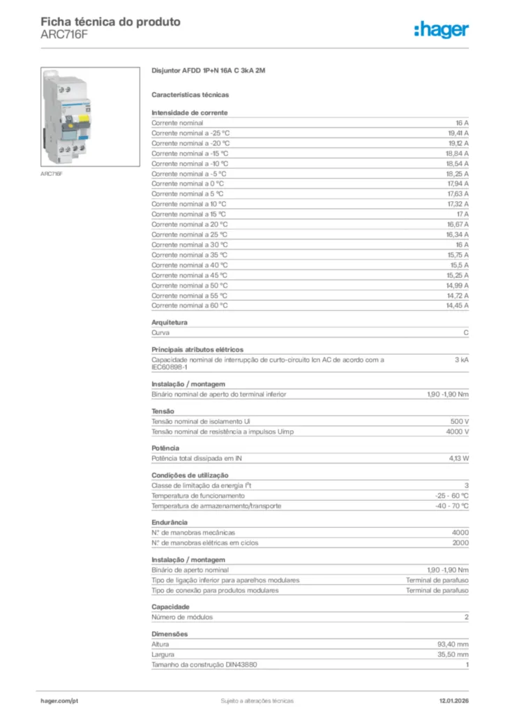Imagem Hager Ficha técnica do produto ARC716F | Hager Portugal