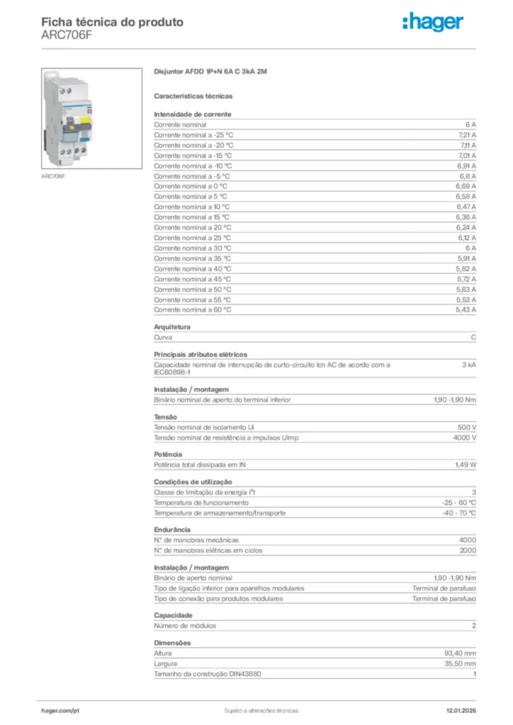 Imagem Hager Ficha técnica do produto ARC706F | Hager Portugal