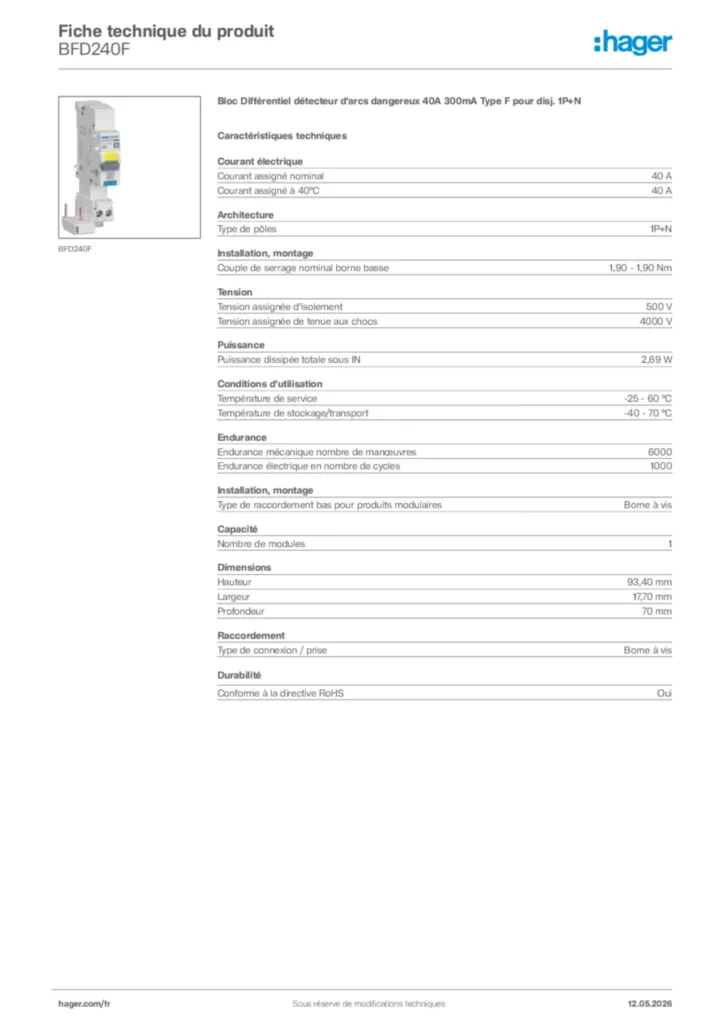 Image Hager Fiche technique du produit BFD240F | Hager France