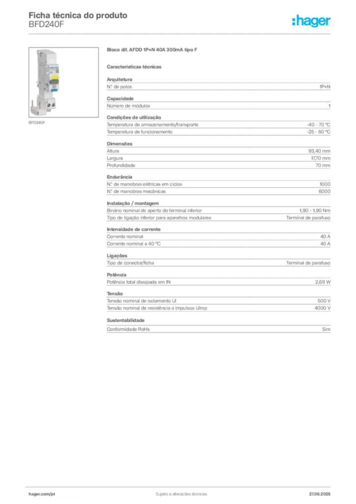 Imagem Hager Ficha técnica do produto BFD240F | Hager Portugal