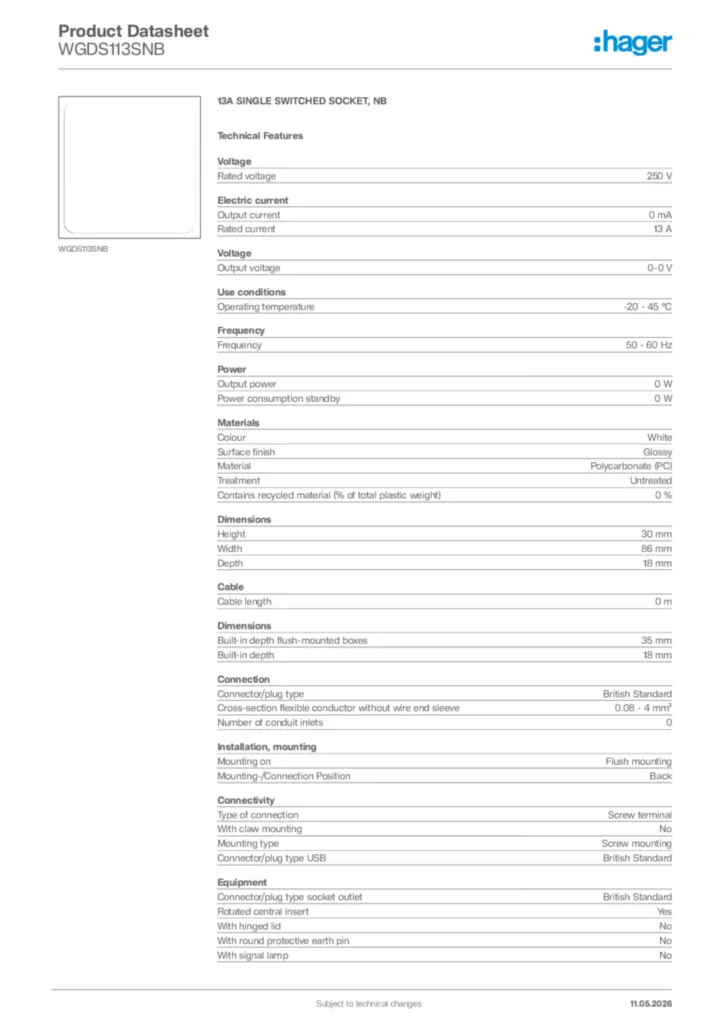 Image Hager Product data sheet WGDS113SNB  | Hager Africa