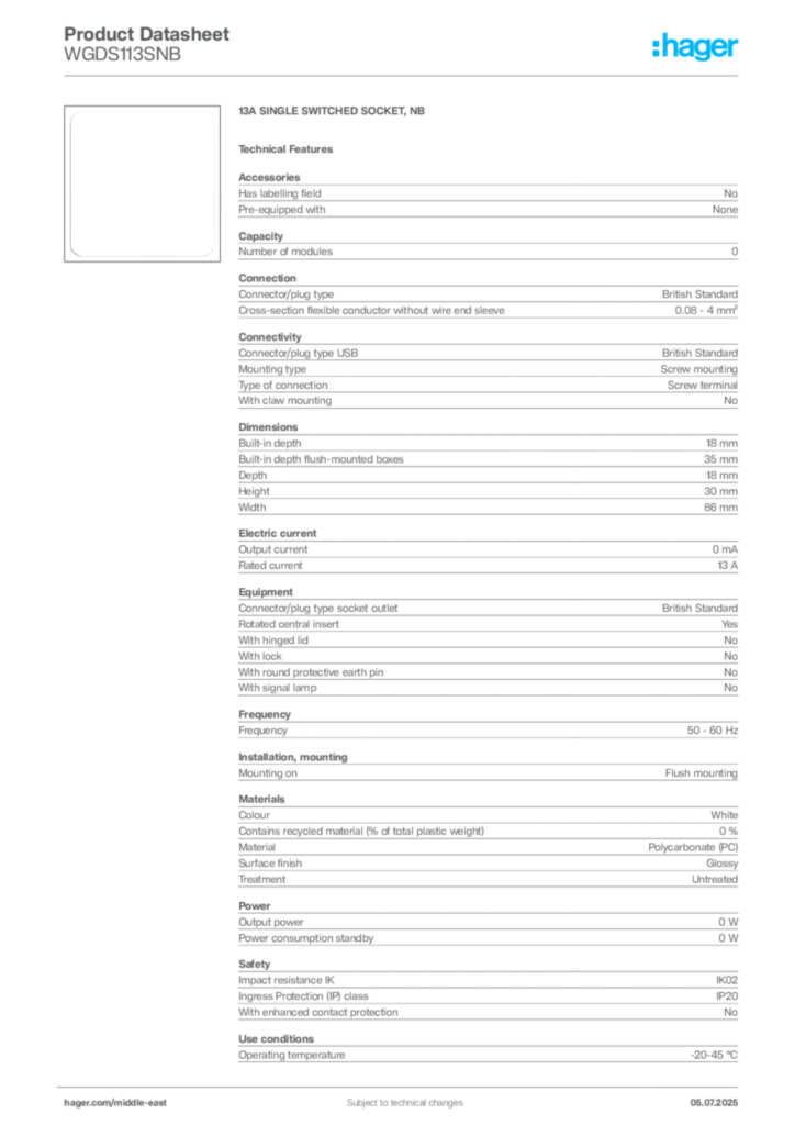 Image Hager Product data sheet WGDS113SNB  | Hager