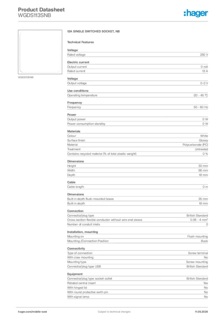 Image Hager Product data sheet WGDS113SNB  | Hager