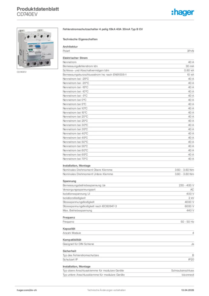 Bild Hager Produktdatenblatt CD740EV | Hager Schweiz
