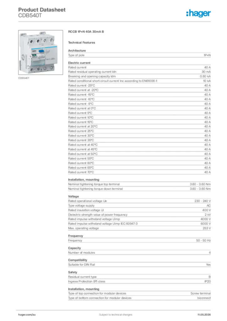 Image Hager Product data sheet CDB540T  | Hager Australia