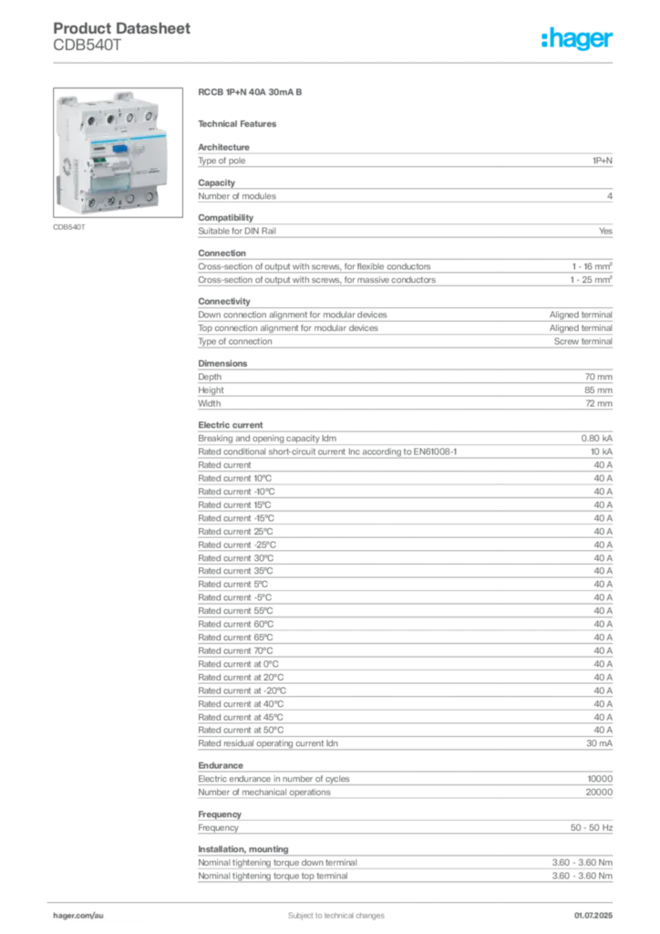 Image Hager Product data sheet CDB540T  | Hager Australia