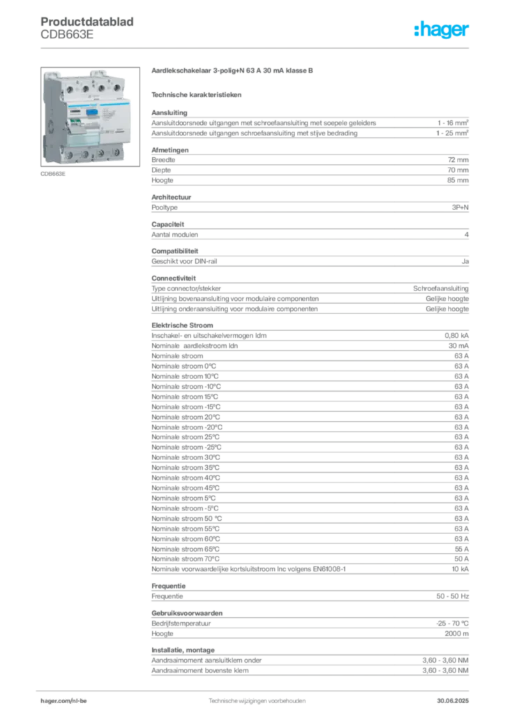 Afbeelding Hager Productdatablad CDB663E | Hager Belgium