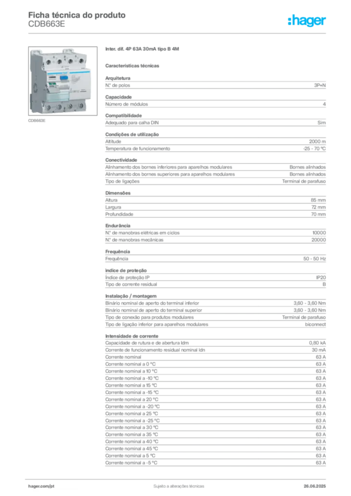 Imagem Hager Ficha técnica do produto CDB663E | Hager Portugal