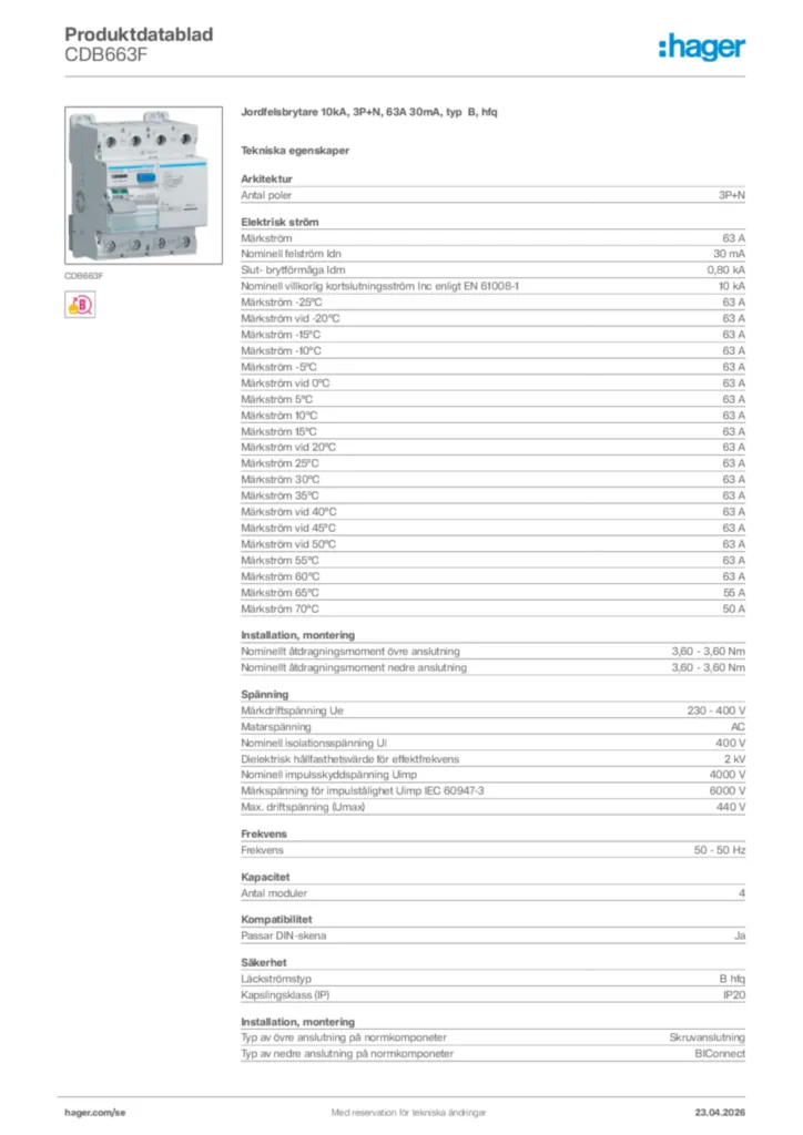 Bild Hager Produktdatablad CDB663F | Hager Sverige