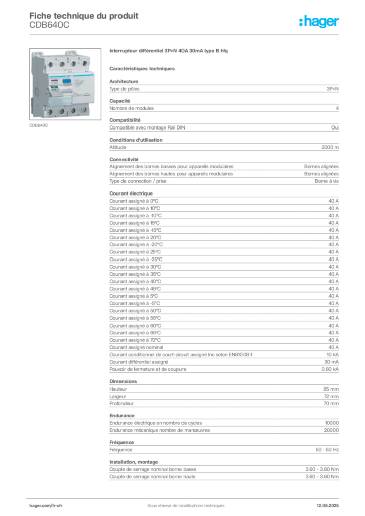 Image Hager Fiche technique du produit CDB640C | Hager Suisse