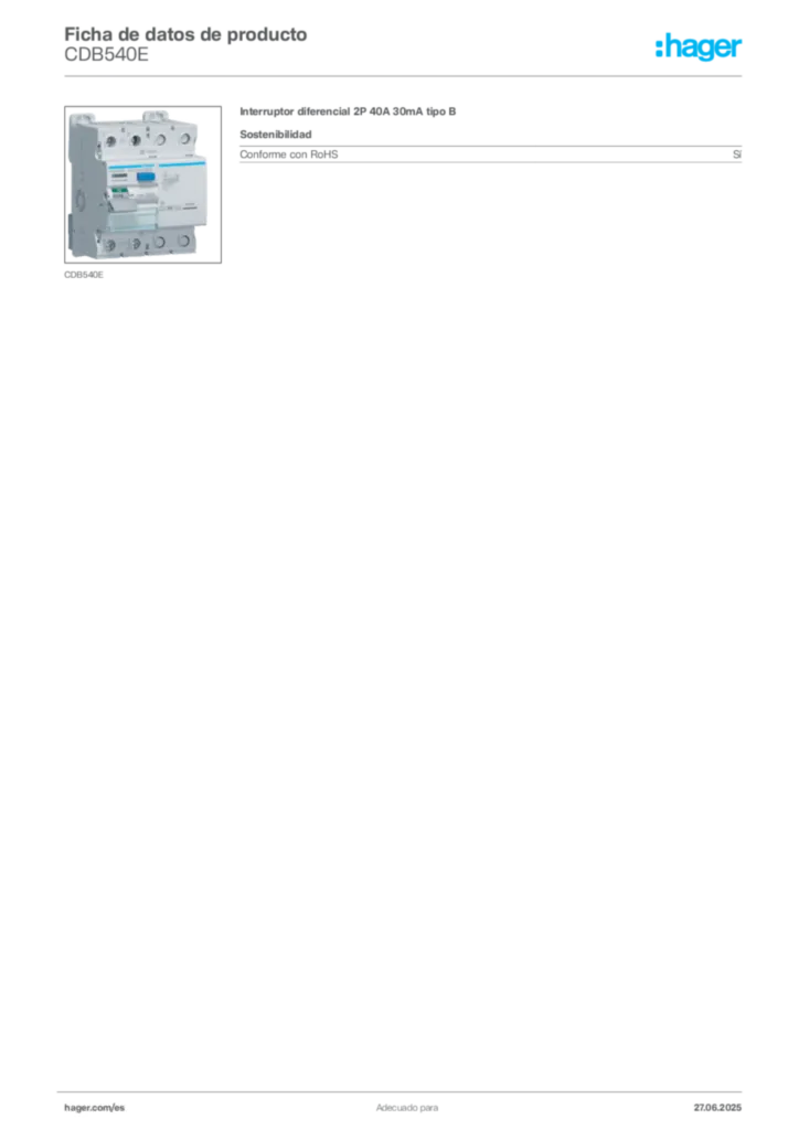 Imagen Hager Ficha de datos de producto CDB540E | Hager España