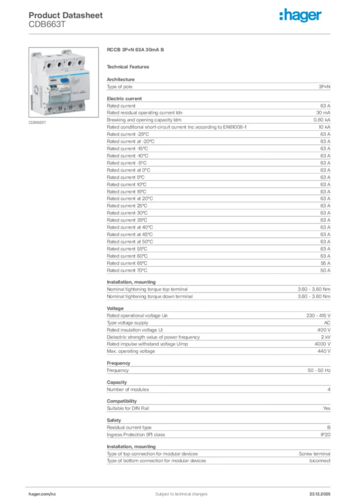 Image Hager Product data sheet CDB663T  | Hager New Zealand