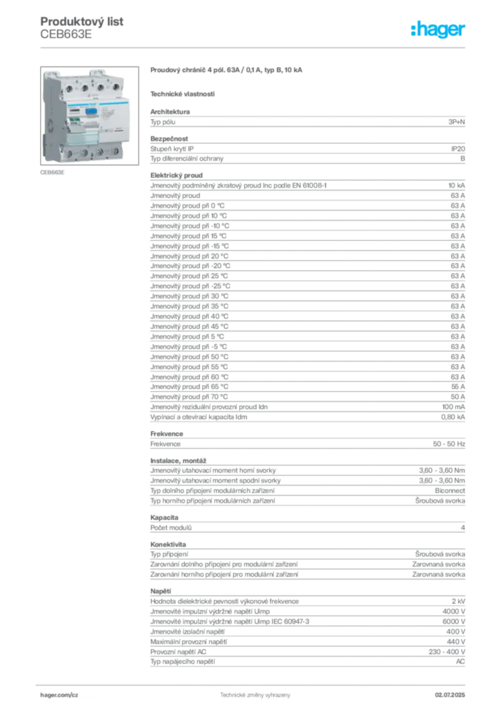 Obrázek Hager Product data sheet CEB663E | Hager