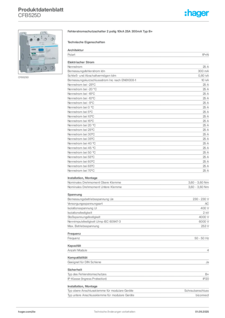 Hager Produktdatenblatt CFB525D