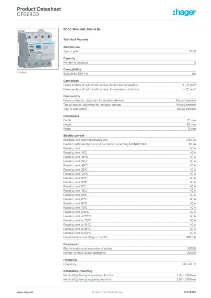 Image Hager Product data sheet CFB640D  | Hager
