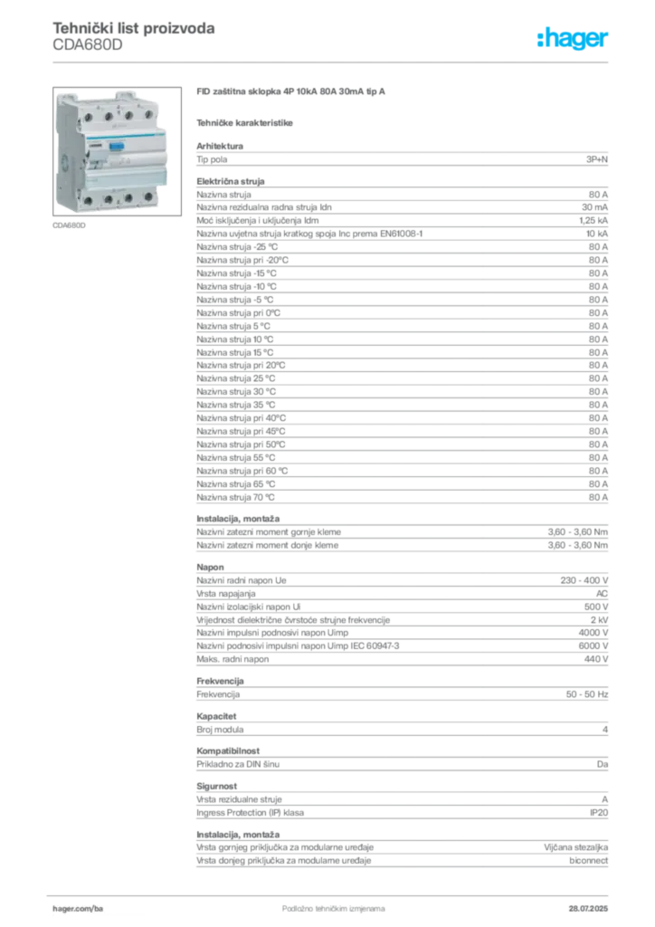 Slika Hager Product data sheet CDA680D  | Hager