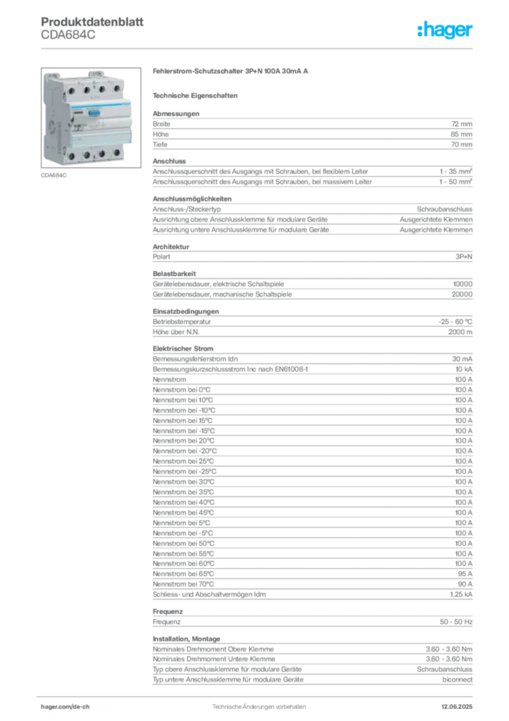Bild Hager Produktdatenblatt CDA684C | Hager Schweiz
