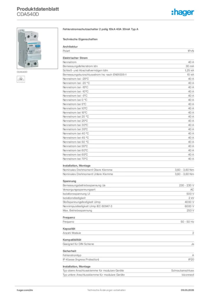 Bild Hager Produktdatenblatt CDA540D | Hager Deutschland
