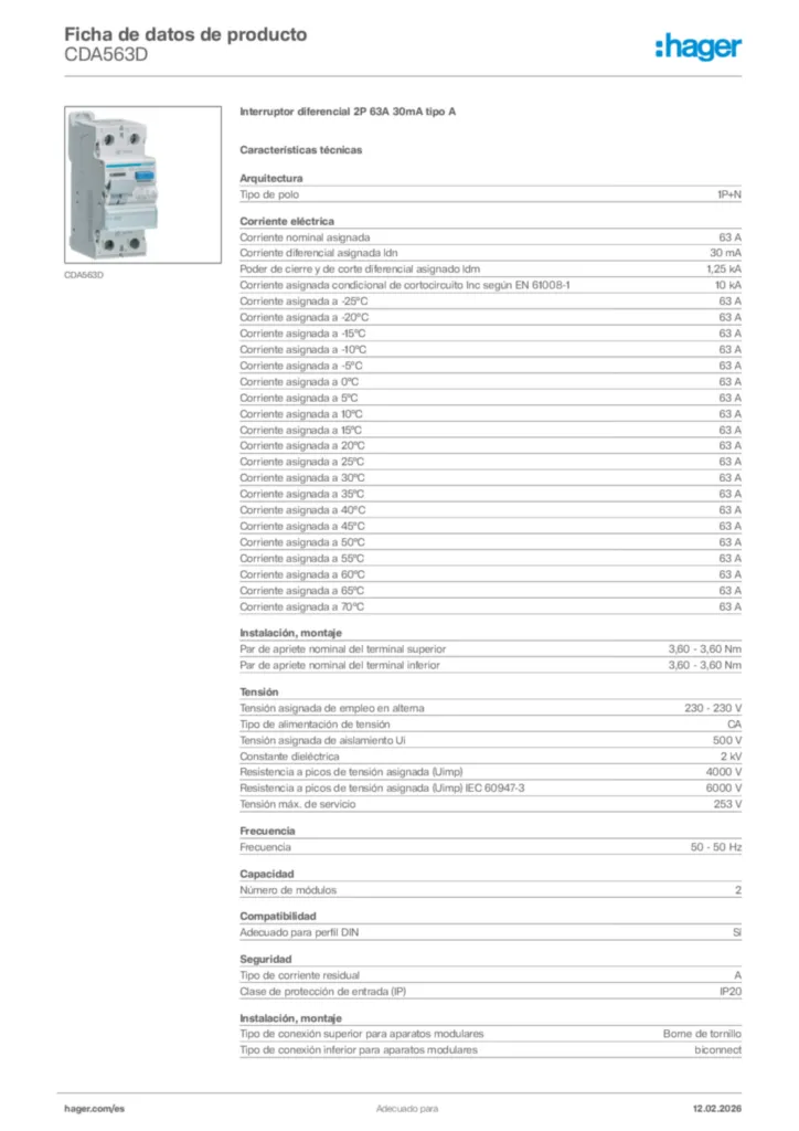 Imagen Hager Ficha de datos de producto CDA563D | Hager España