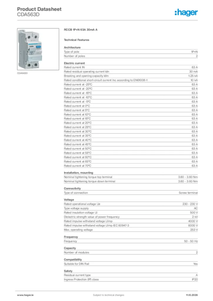 Image Hager Product data sheet CDA563D  | Hager