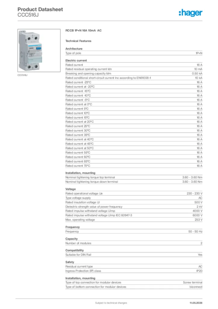 Image Hager Product data sheet CCC516J  | Hager Africa