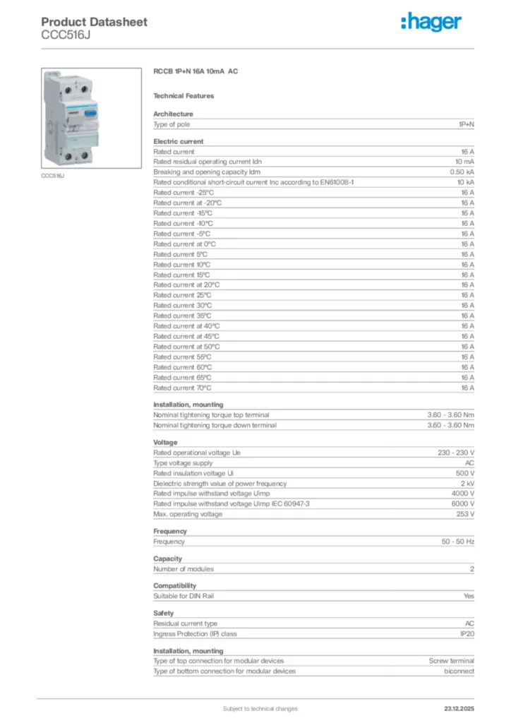 Image Hager Product data sheet CCC516J  | Hager Africa