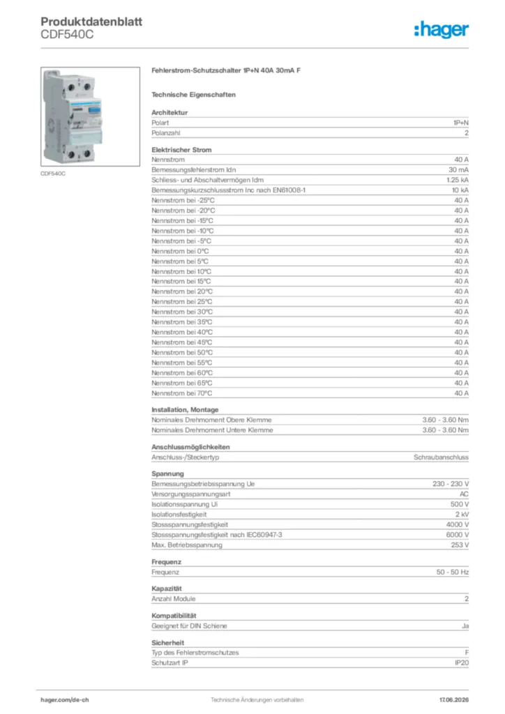 Bild Hager Produktdatenblatt CDF540C | Hager Schweiz