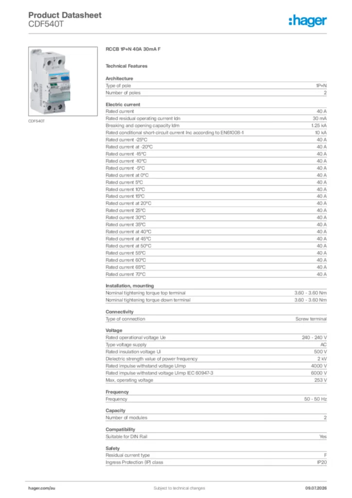 Image Hager Product data sheet CDF540T  | Hager Australia
