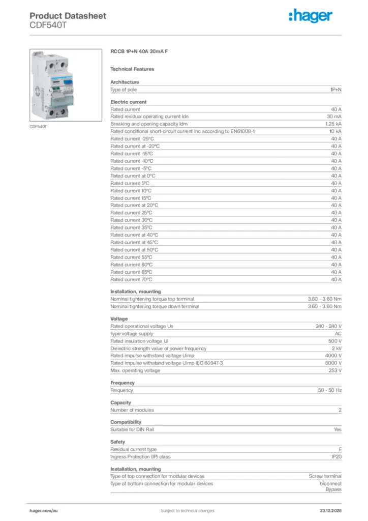 Image Hager Product data sheet CDF540T  | Hager Australia
