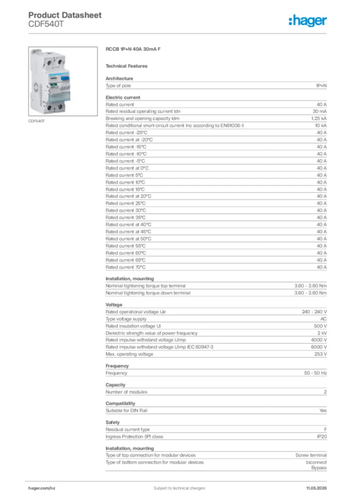 Image Hager Product data sheet CDF540T  | Hager New Zealand