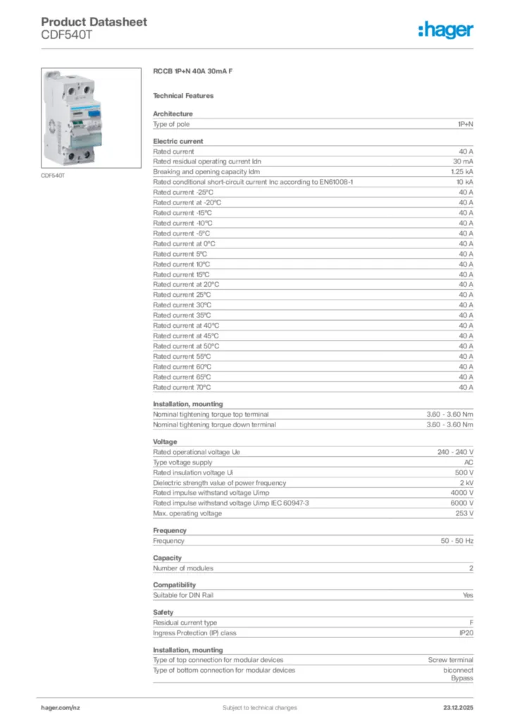 Image Hager Product data sheet CDF540T  | Hager New Zealand