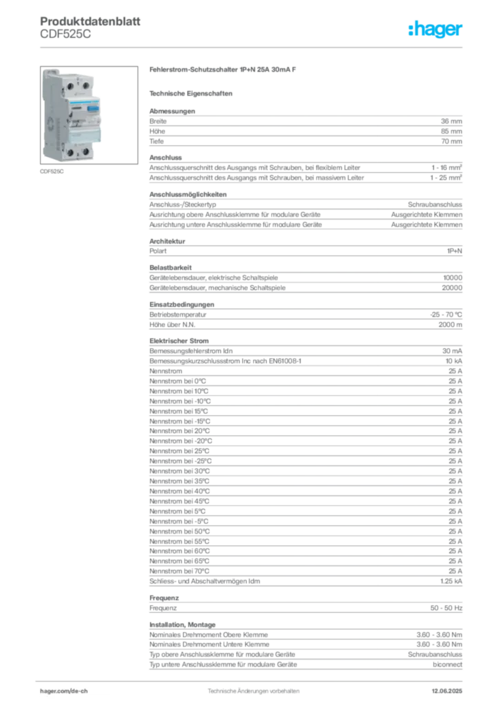 Bild Hager Produktdatenblatt CDF525C | Hager Schweiz